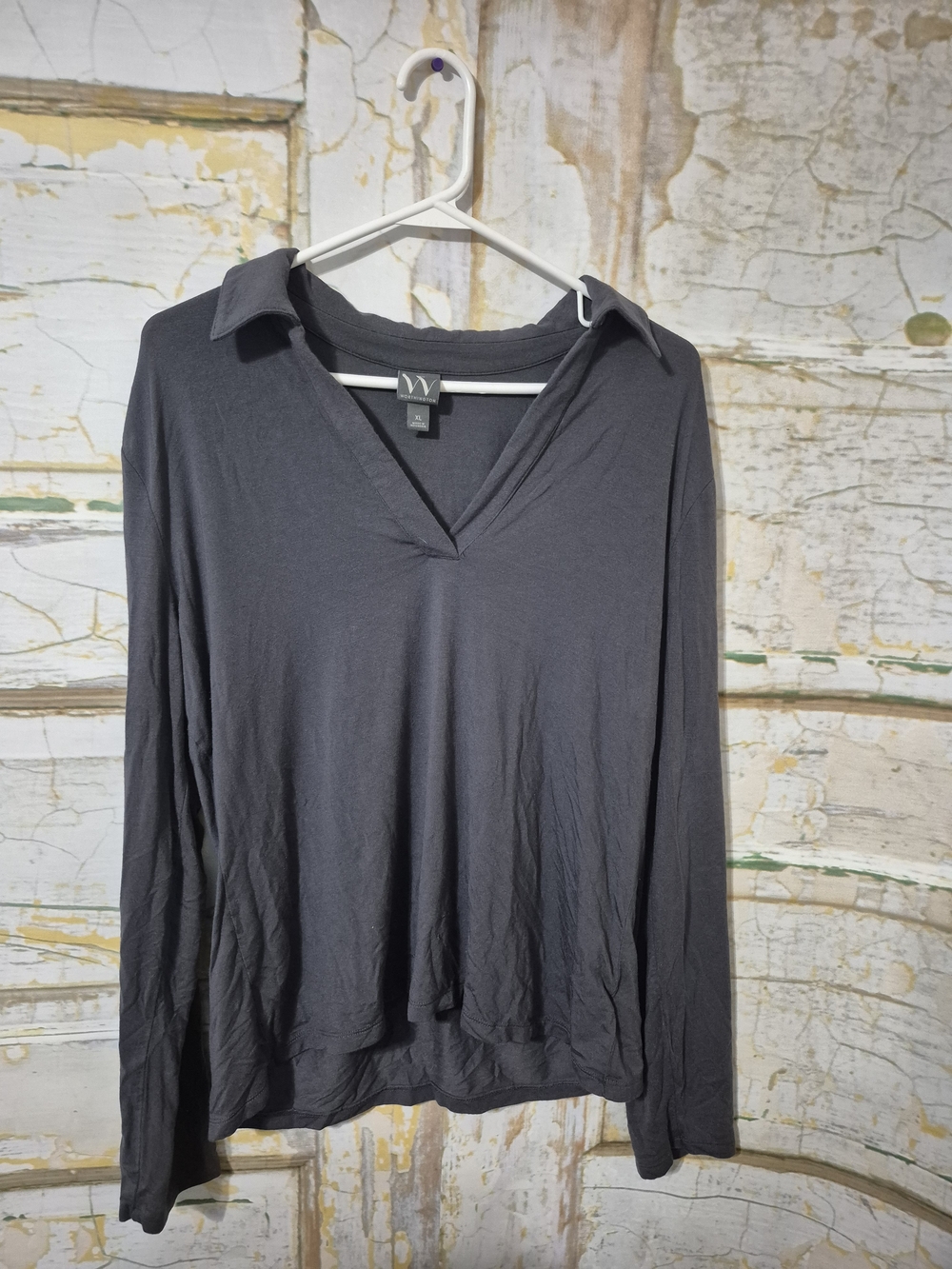 Worthington Charcoal V-Neck Collared Long Sleeve Top